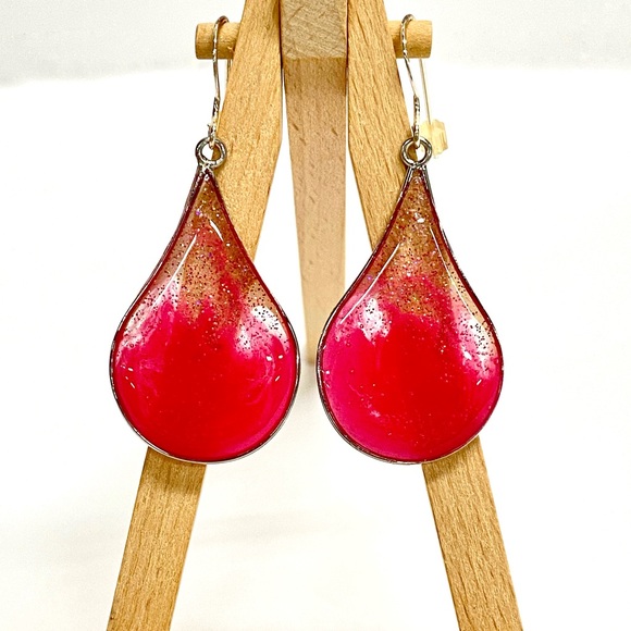 HANDMADE Glitter Pink Teardrop Dangle Sterling Silver French Hook Earrings - Picture 6 of 9